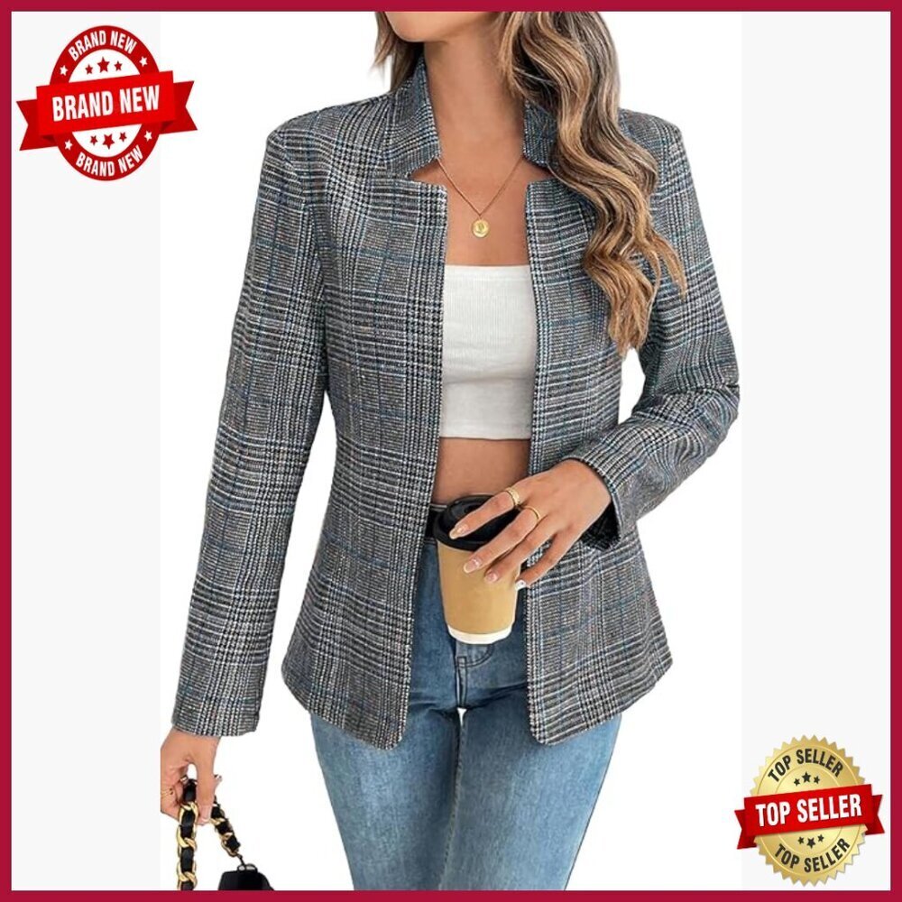 Women's Plaid Blazer Open Front Stand Collar Boyfriend Jacket Work Casual